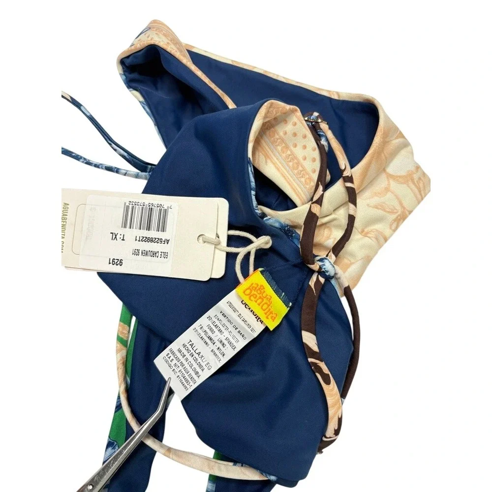 Agua Bendita Egle Cardumen Bikini Swim Bottom XL Beige Blue Floral Beach Cheeky‎